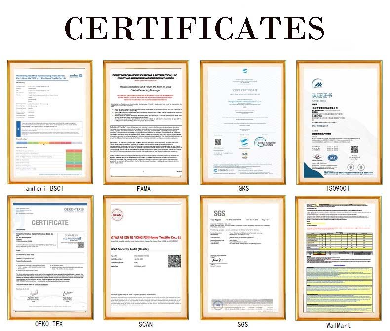 Factory certifications: BSCI, FAMA, GRS, ISO 9001, OEKO-TEX, SCAN, SGS and Walmart audit