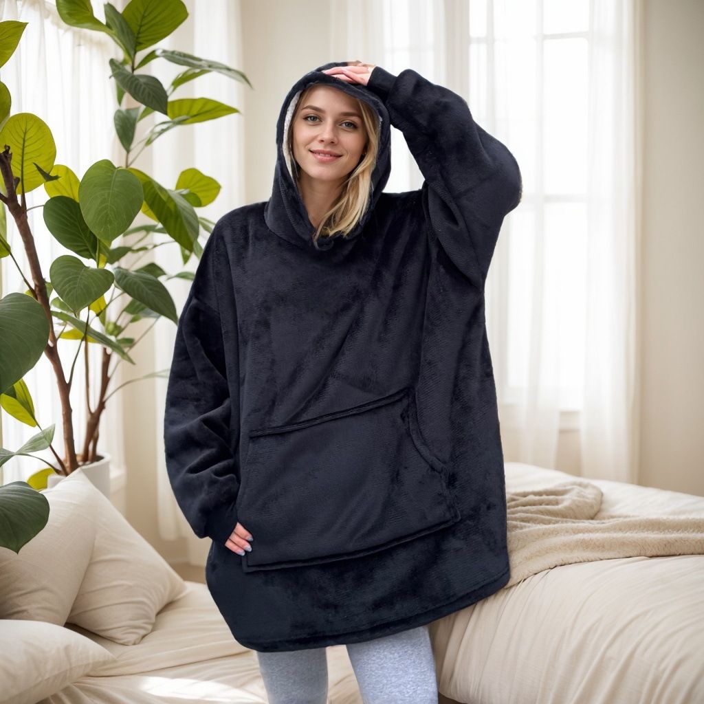 Black hooded blanket with sherpa lining
