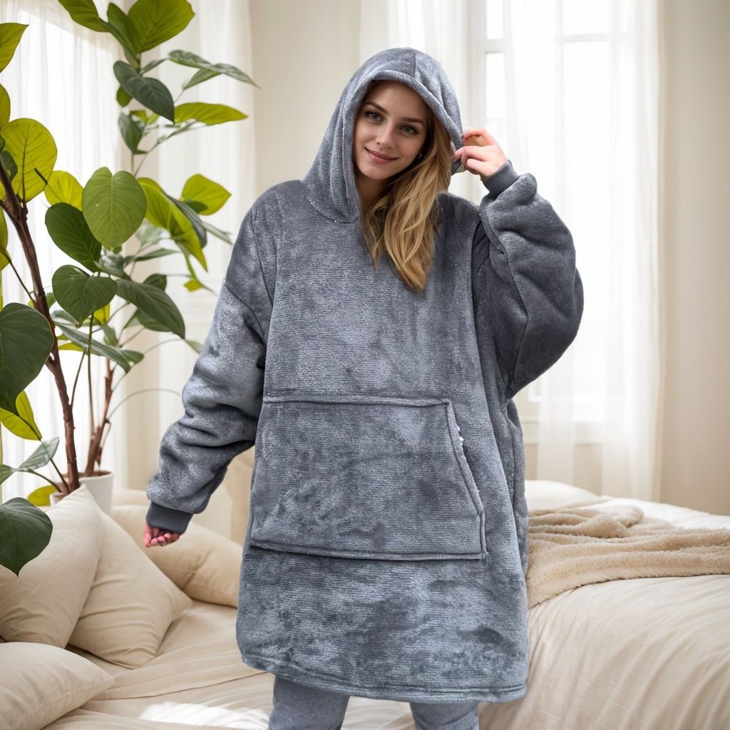 Grey hooded blanket with sherpa lining