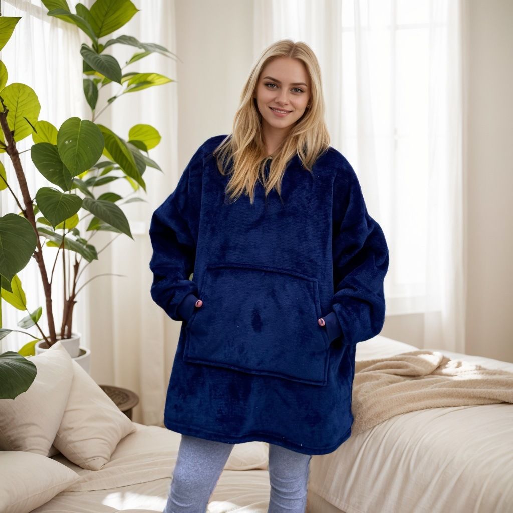 Navy hooded blanket with sherpa lining