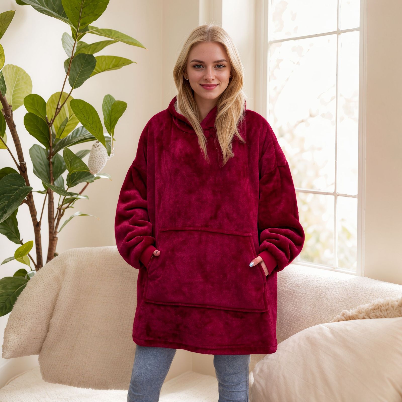Red hooded blanket with sherpa lining