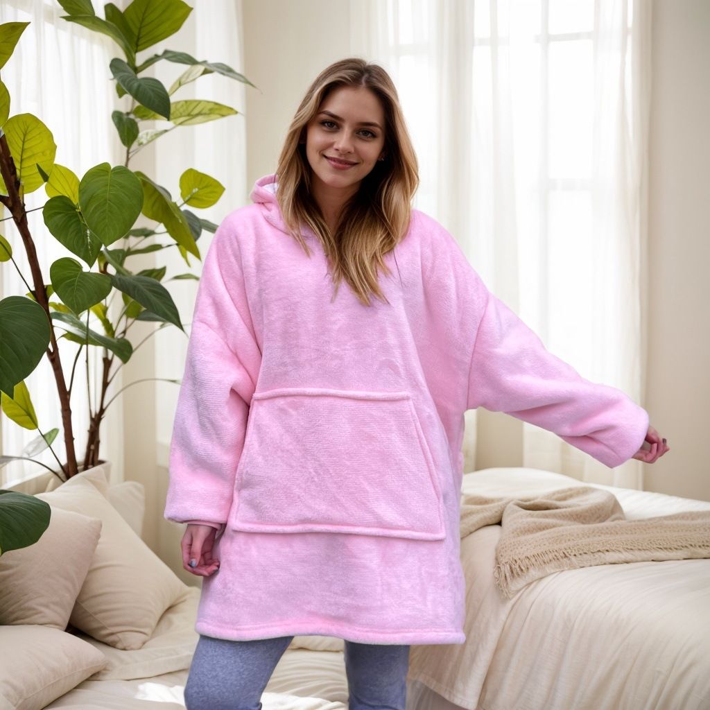 Pink hooded blanket with sherpa lining