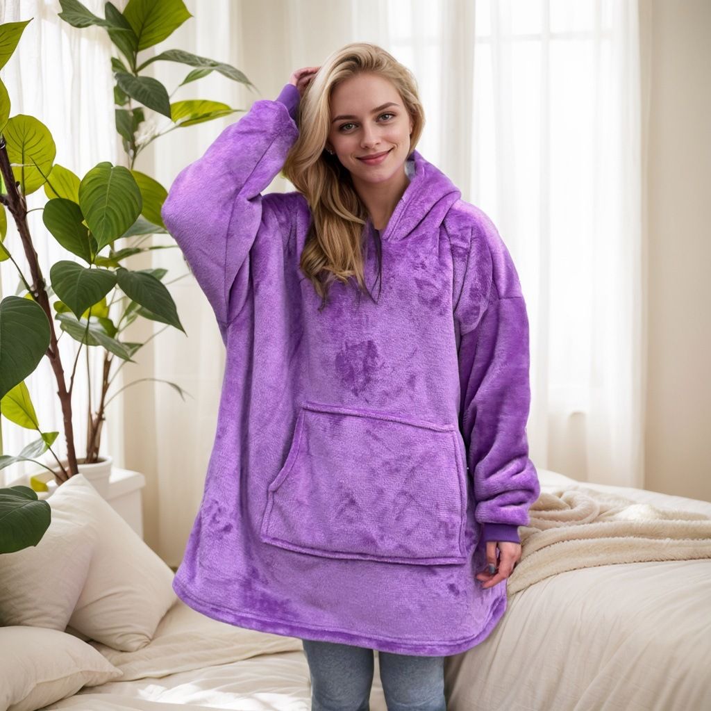Purple hooded blanket with sherpa lining
