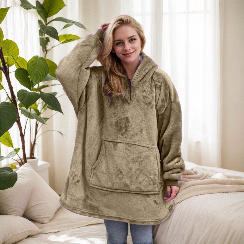 Deep khaki hooded blanket with sherpa lining