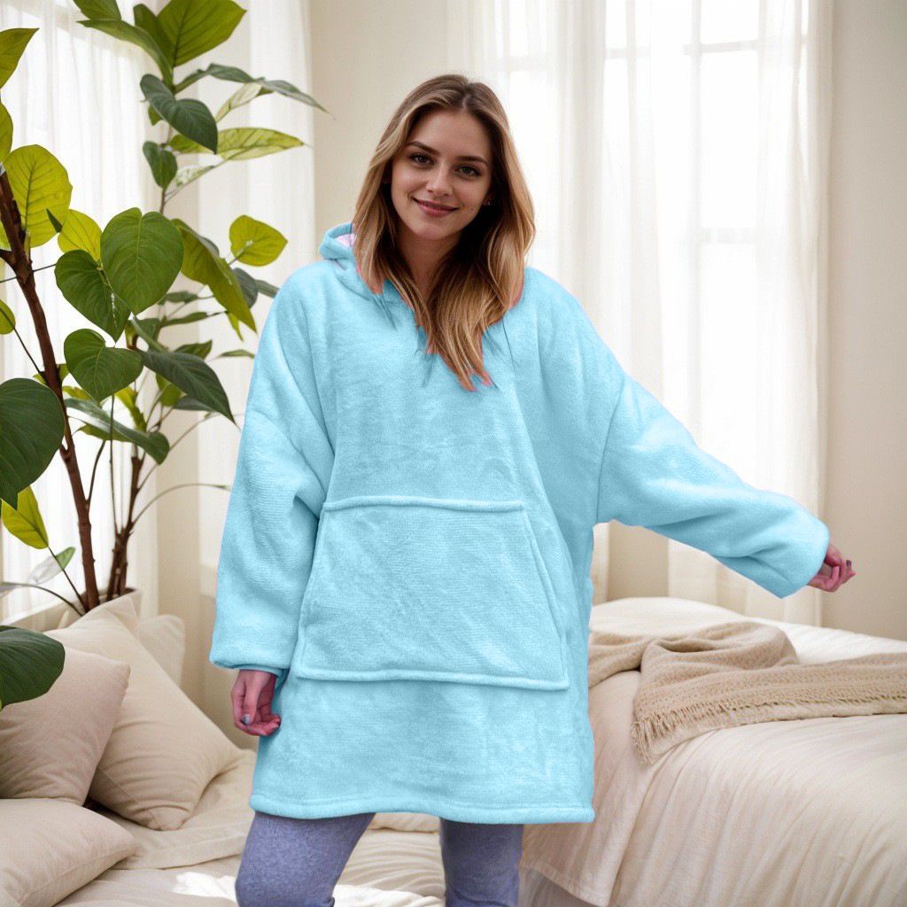 Light blue hooded blanket with sherpa lining