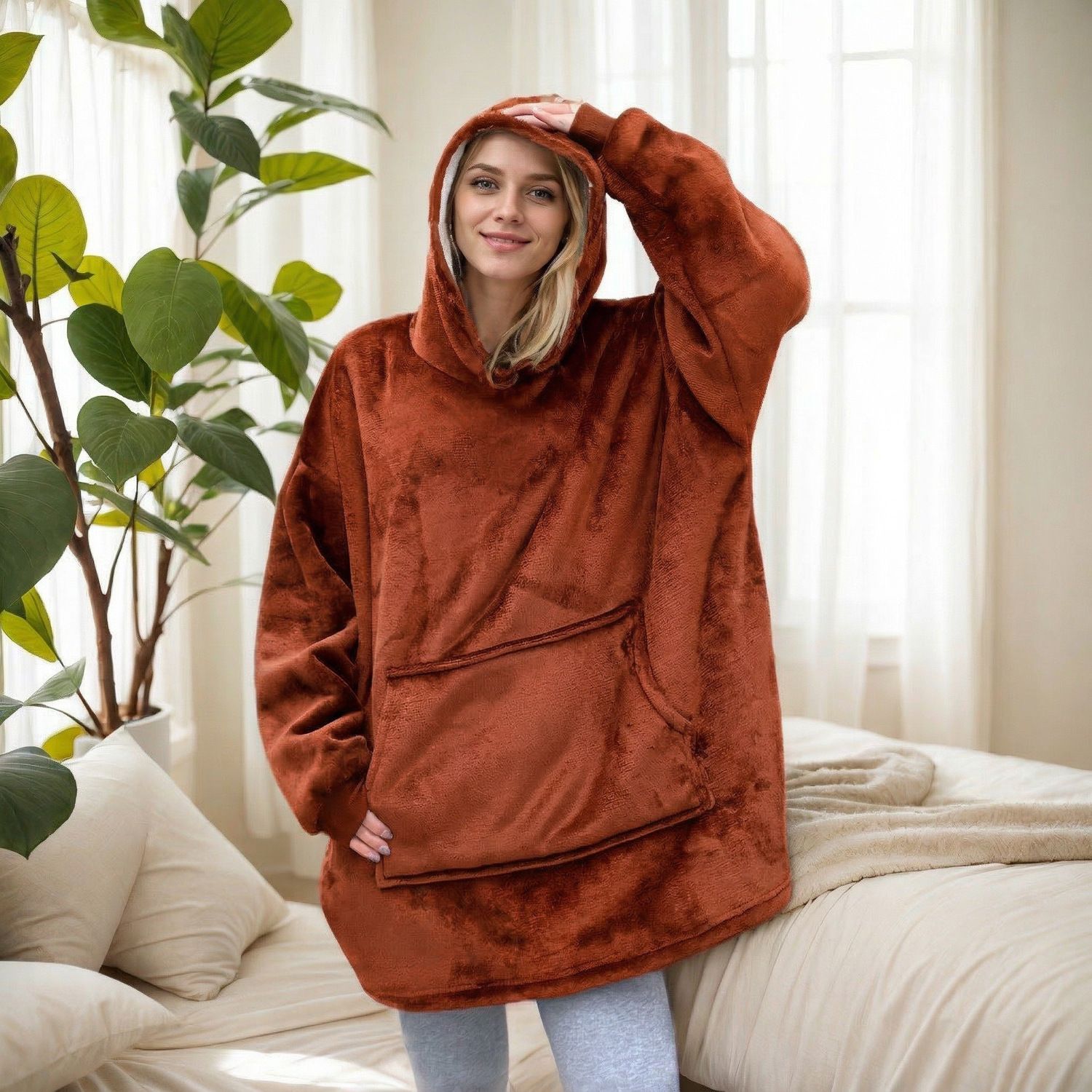 Chocolate brown hooded blanket with sherpa lining