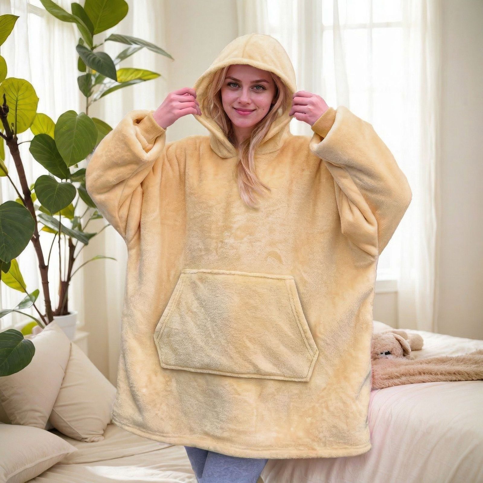 Ginger yellow hooded blanket with sherpa lining
