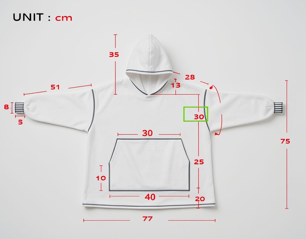 Size dimension chart of hooded blanket 110cm length and 160cm chest