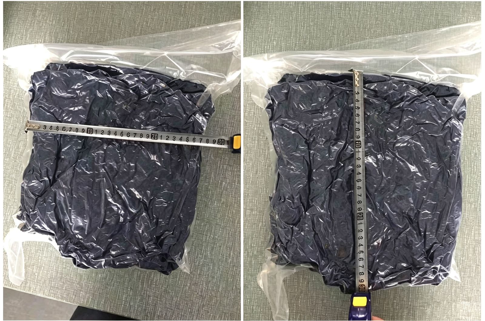 Vacuum compressed hooded blanket measured with tape, 34x34x6 cm packed size